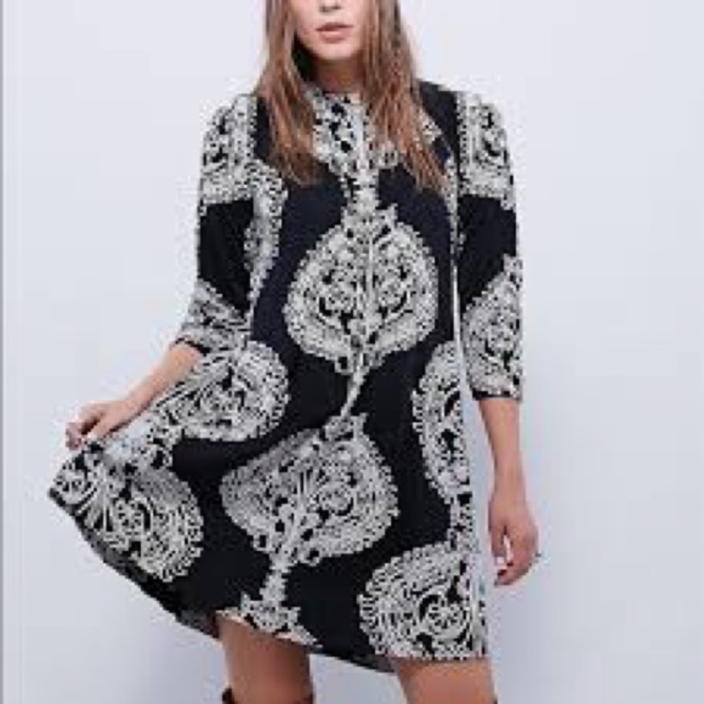 FREE PEOPLE New Romantics Fiesta Mini Dress Black White Damask XS Boho Festival